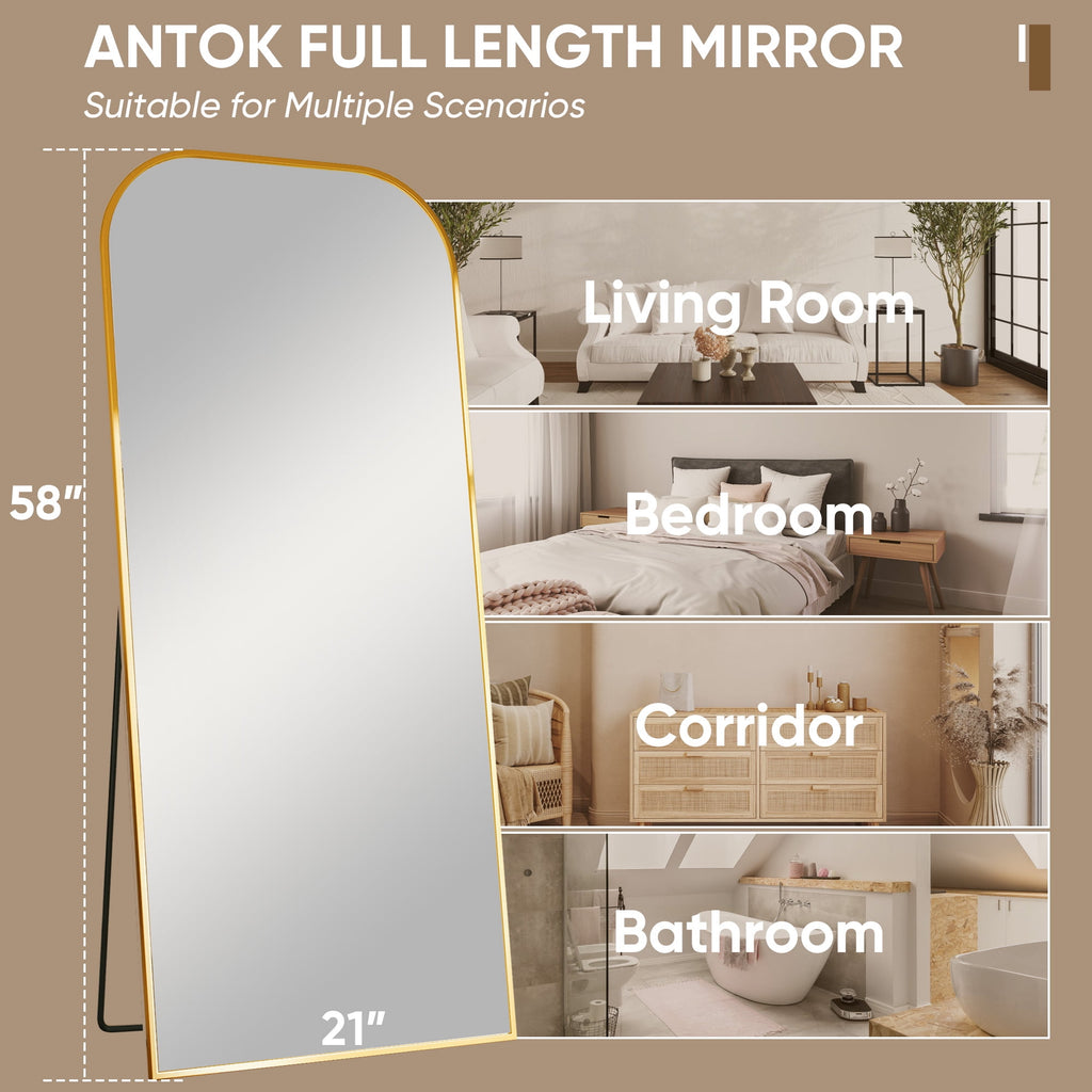 Antok 58"x21.1" Floor Mirror, Arched Full Body Standing Mirror for Bedroom & Living Room, Gold