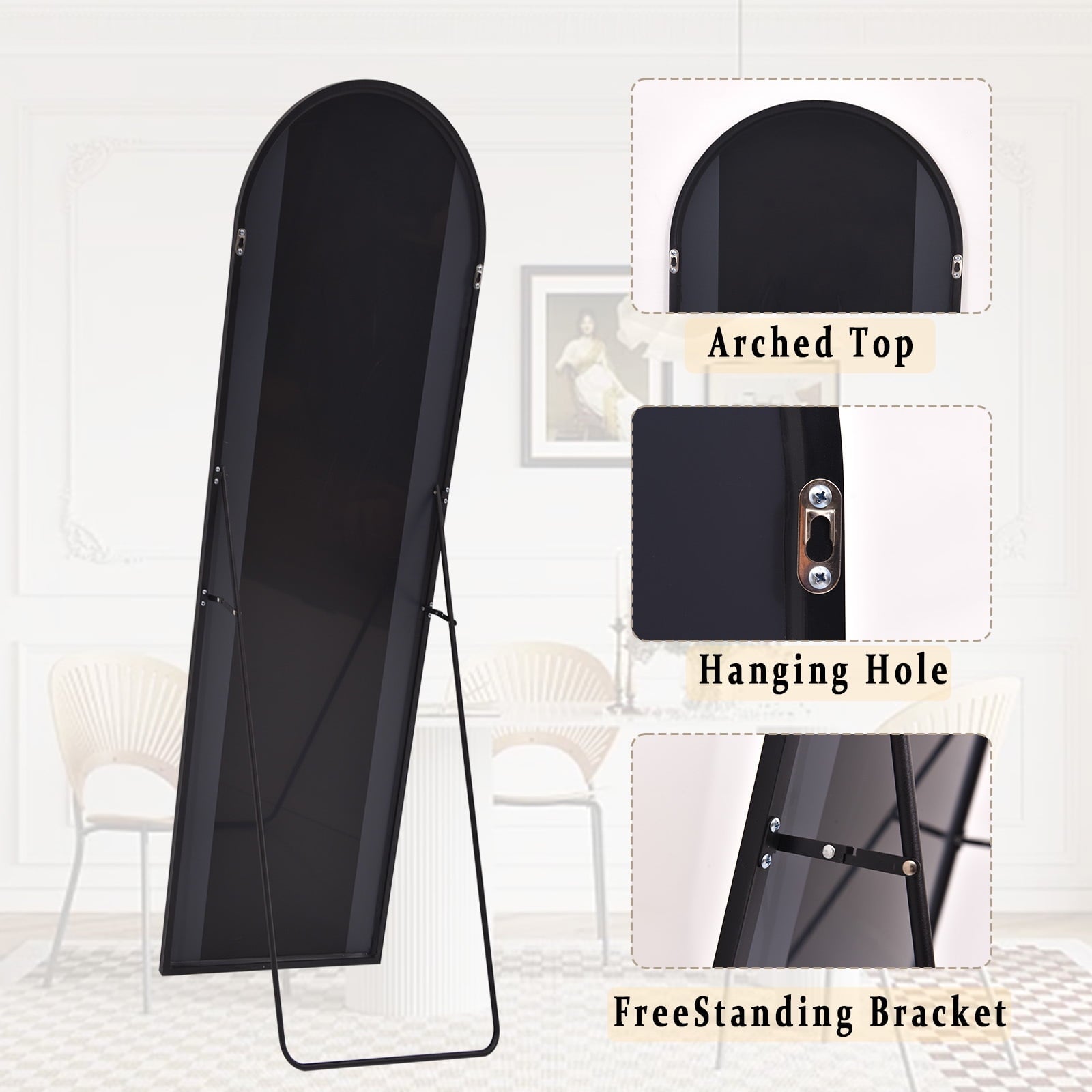 Anyrose 59"x16.3" Arched Full Length Floor Mirror Wall-Mounted Leaning Mirror, Black