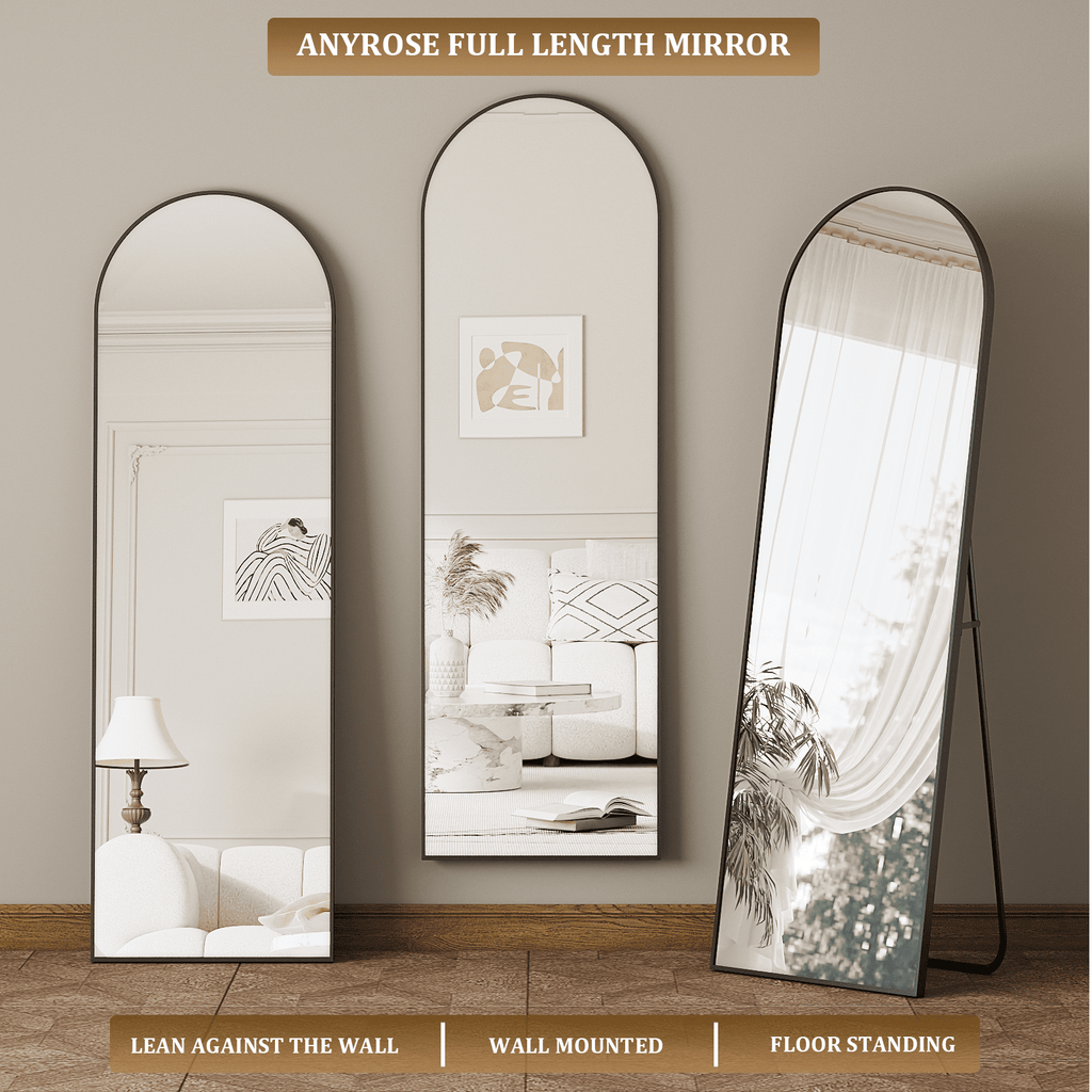 Anyrose 59"x16.3" Arched Full Length Floor Mirror Wall-Mounted Leaning Mirror, Black