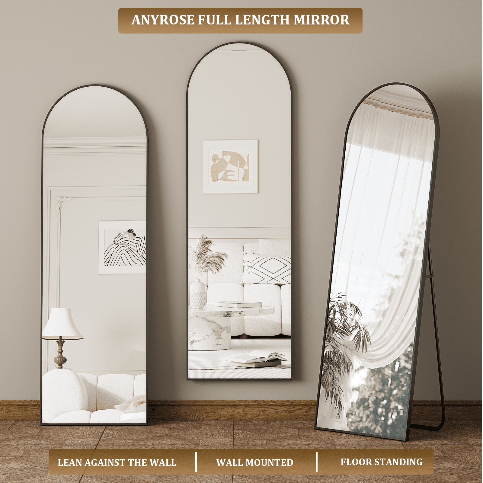 Anyrose 59"x16.3" Arched Full Length Floor Mirror Wall-Mounted Leaning Mirror, Black