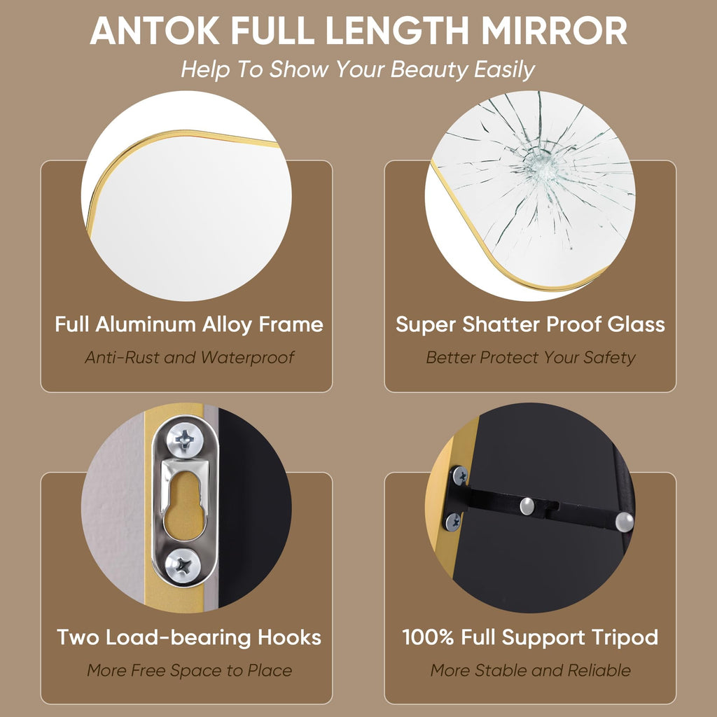 Antok 58"x21.1" Floor Mirror, Arched Full Body Standing Mirror for Bedroom & Living Room, Gold