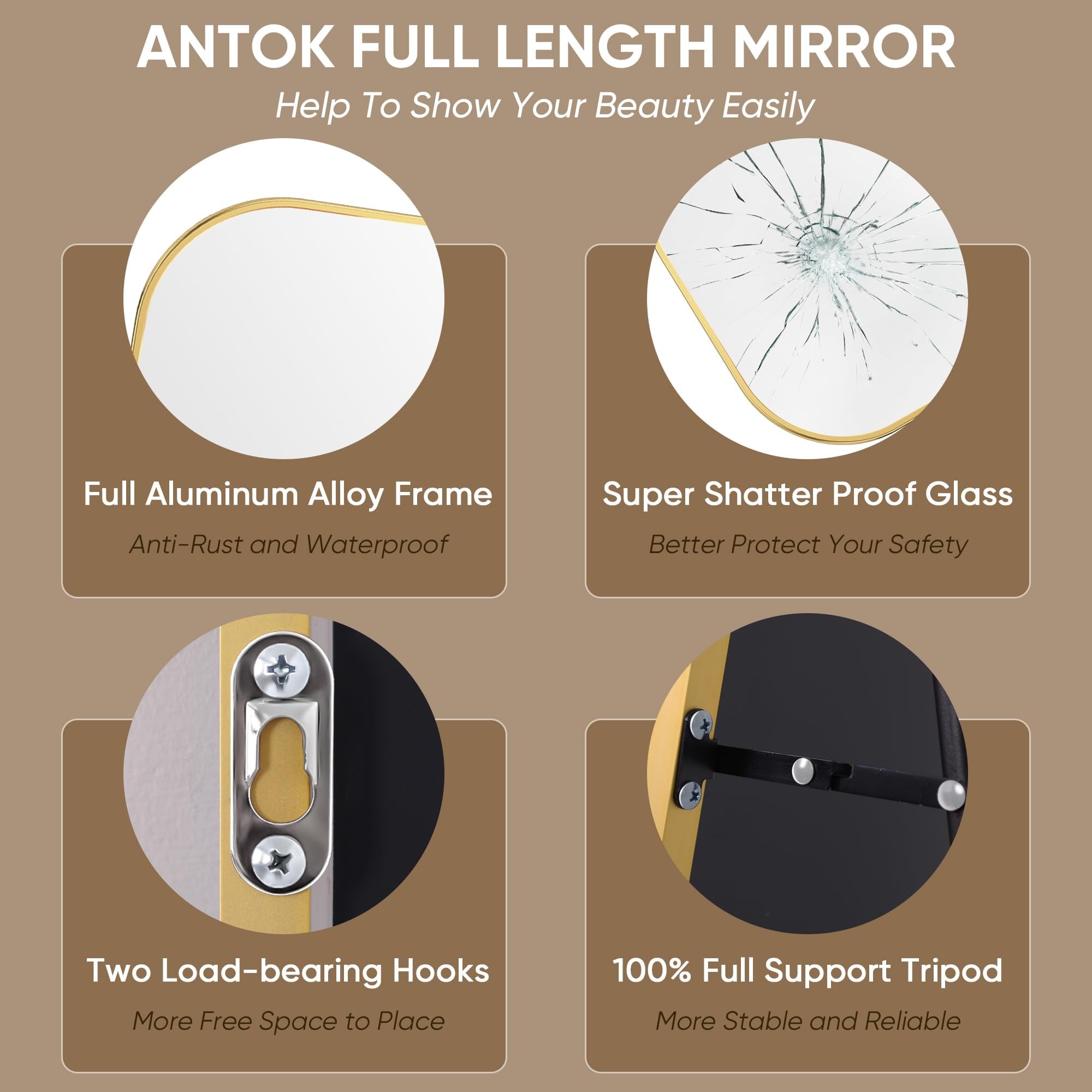 Antok 58"x21.1" Floor Mirror, Arched Full Body Standing Mirror for Bedroom & Living Room, Gold